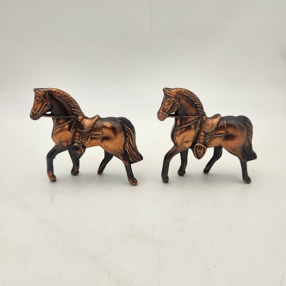 Vintage Copper Tone Metal Horse Figurines Set of 2 Western Equestrian Decor 4in